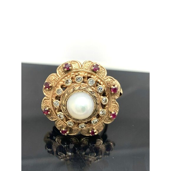 Pearl Ruby Diamond Women's Cocktail Ring 14k Yellow Gold Vintage Estate Size 5.5 - Picture 9 of 14